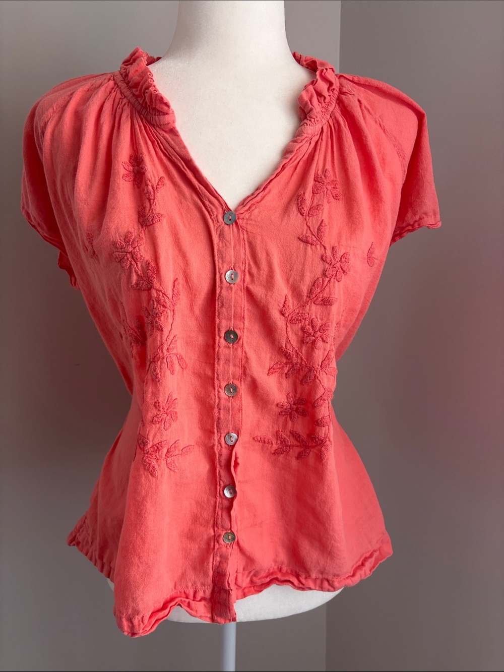 Cottagecore Coral Embroidered Button-Front Women’s Top